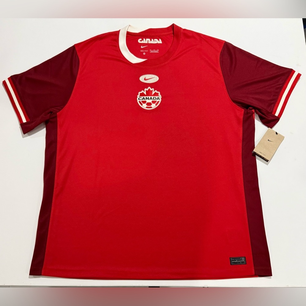 Nike Men’s Canada Red Soccer Home Jersey 24/25 with Maroon Sleeves size XXL.